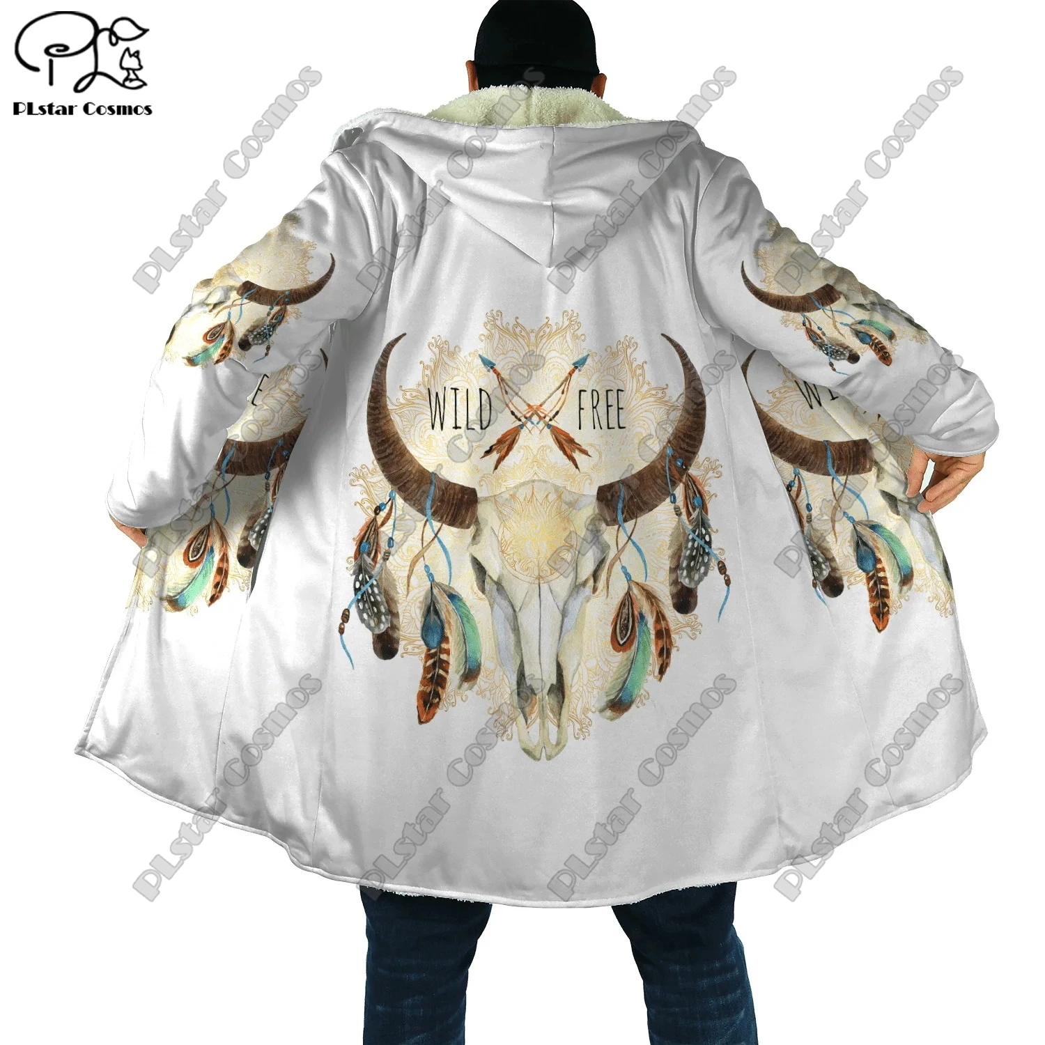 

3D printed aboriginal wolf, feather pattern fashionable winter hooded fleece windbreaker buttoned unisex casual warm jacket Y-2