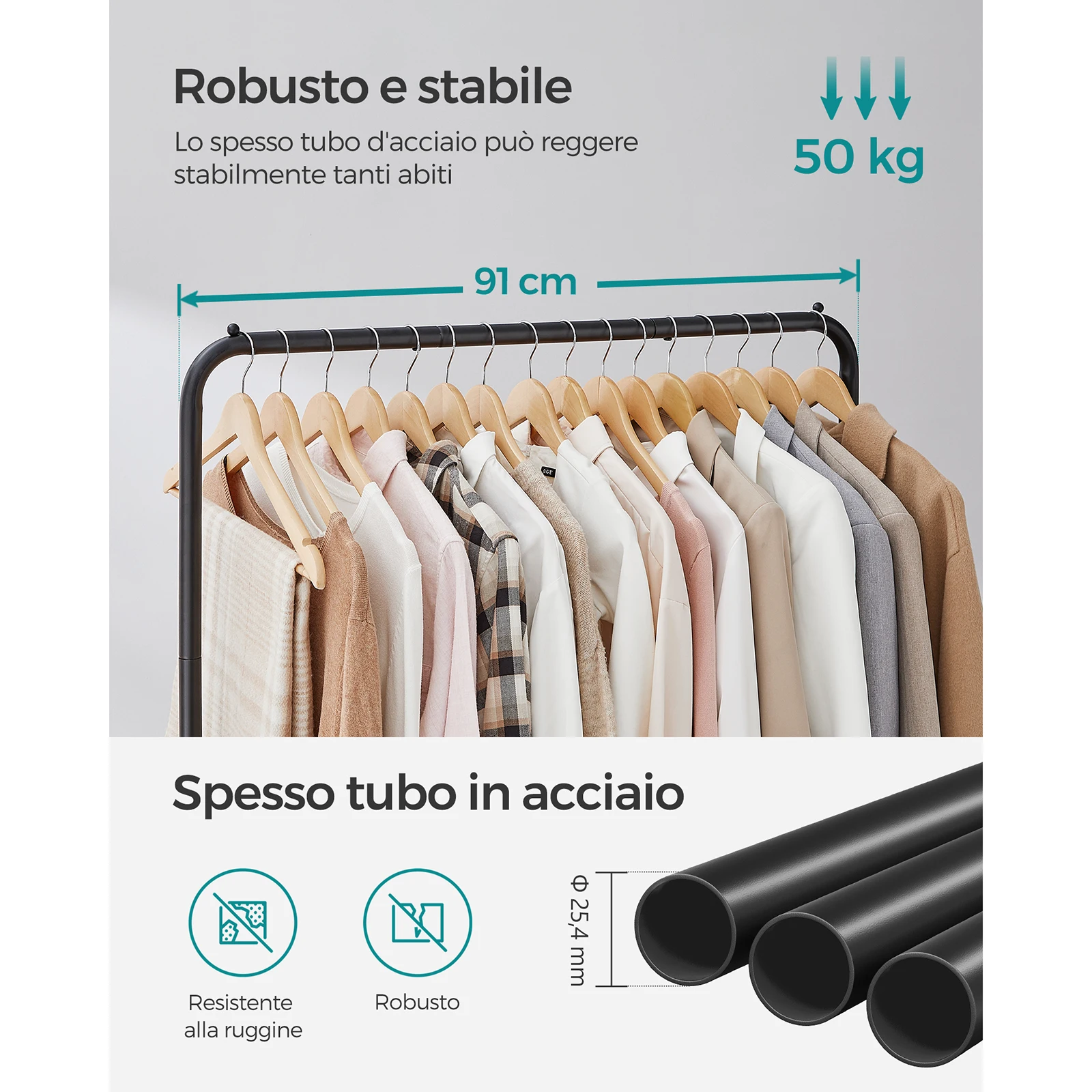 SONGMICS appendiabiti a doppia asta su ruote, binario per abbigliamento in metallo per camera da