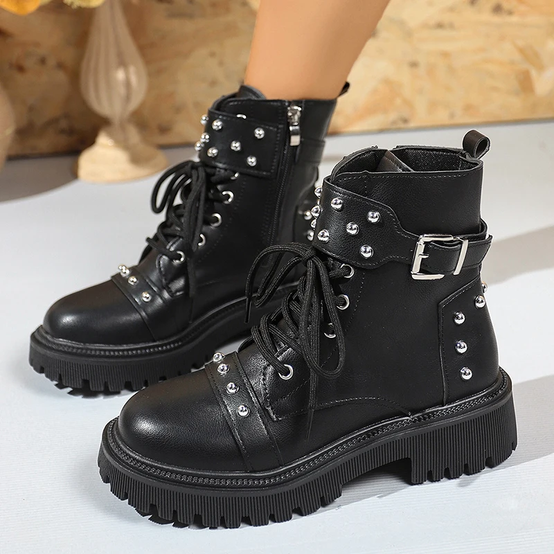 Rivet Belt Buckle Punk Ankle Boots Women Goth Lace Up Platform Motorcycle Boots Woman Plus Size Black Pu Leather Short Booties