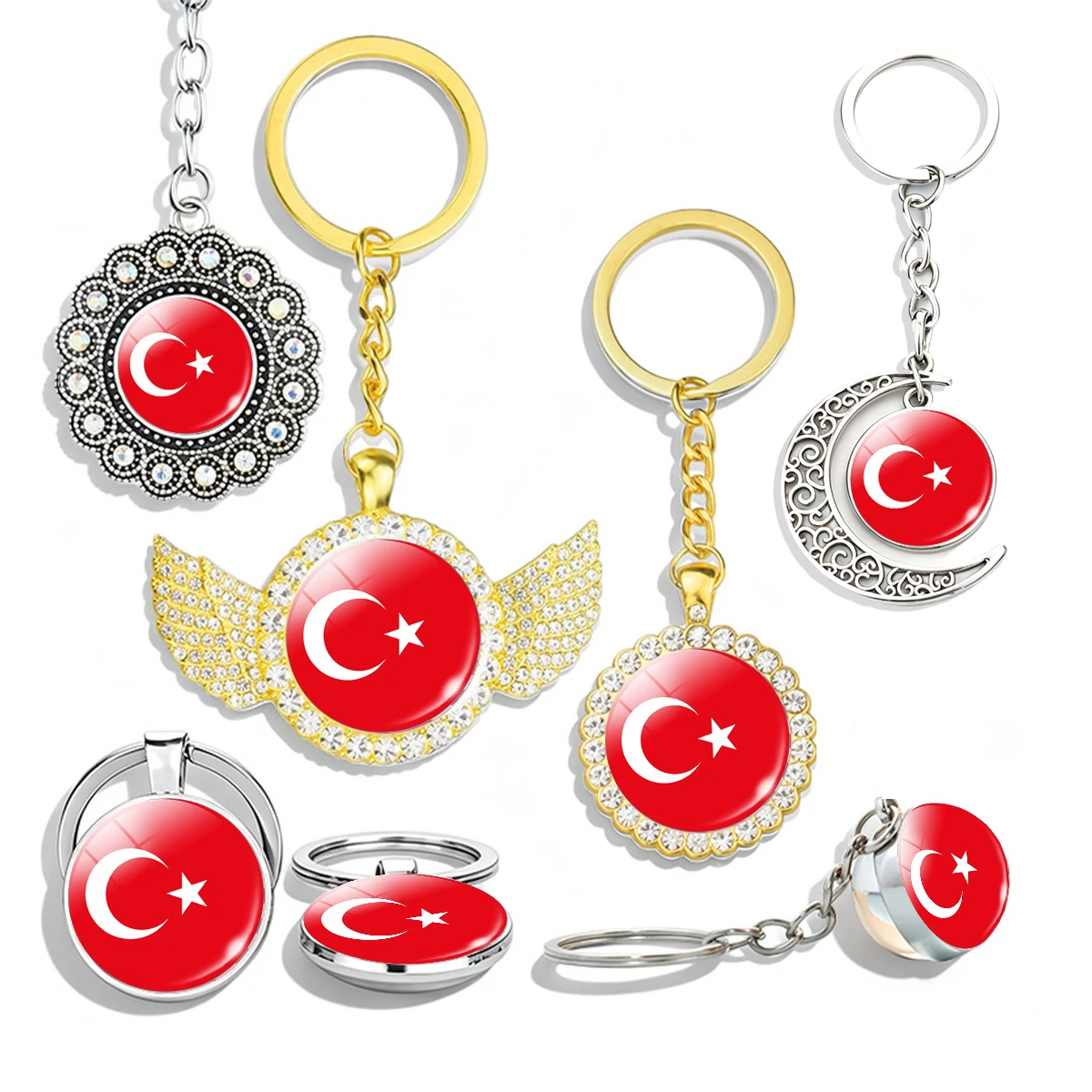 Turkey Flag Keychain Glass Rhinestone Wings Pendant Patriotic Souvenir Jewelry Accessory Key Chain for Car Keys Gift