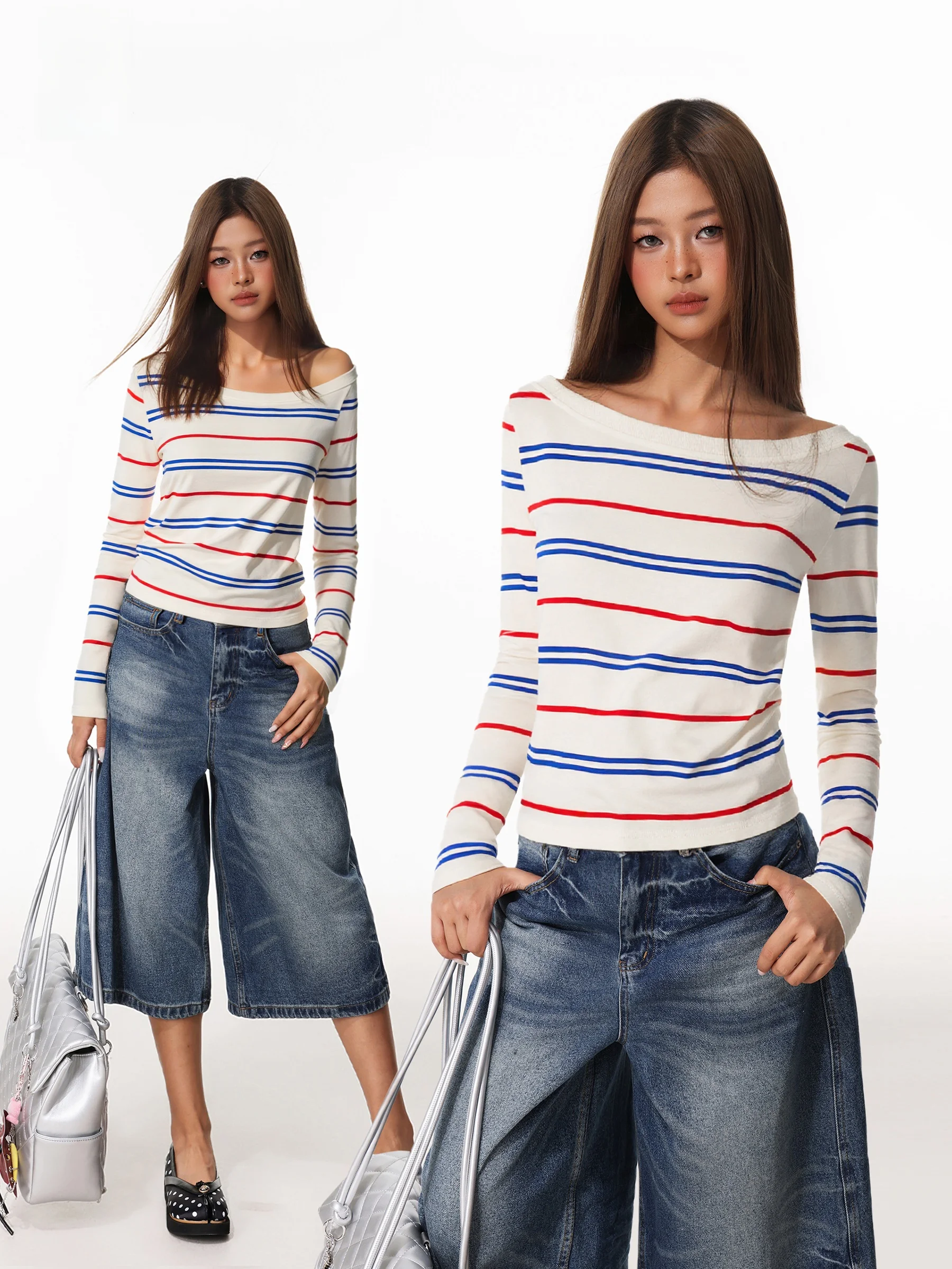 

Сексуальная женская футболка с длинным рукавом и открытыми плечами, приталенный топ с большим воротником IYUE, модная осенняя одежда в стиле Color Block с полосками для дерзких девушек