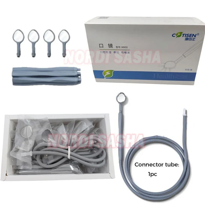 50Pcs/Box Dental Suction Mirrors Set Plastic Anti-Fog Mouth Mirror+Silicon Tube for Efficient Saliva Removal Sterilizable