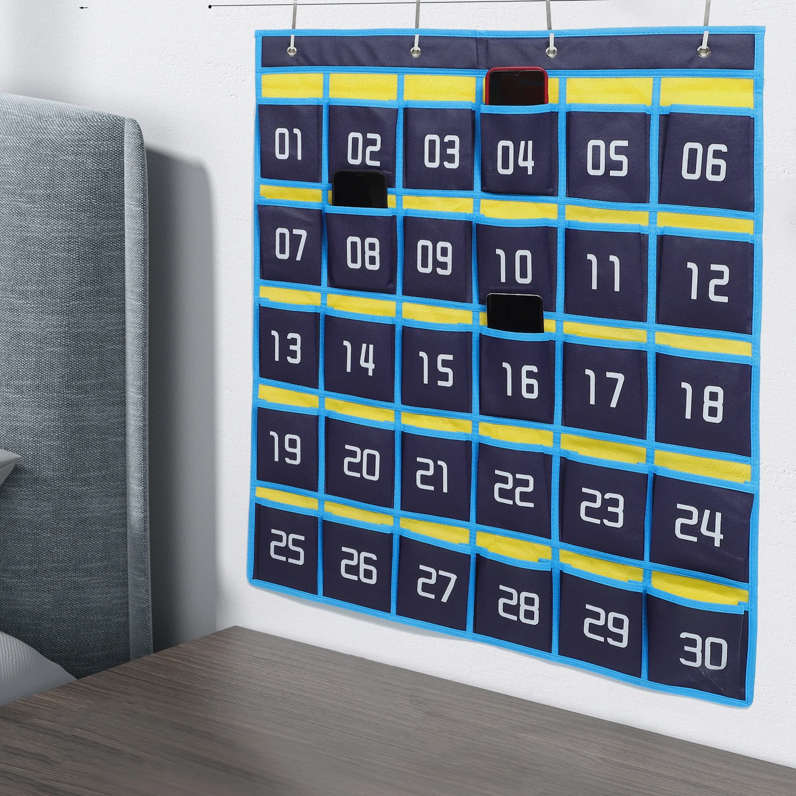 

Blue Yellow Classic 30 Grids 4 Hooks Non woven Fabric Classroom Storage Calculator Holder Phone Pouch Study Efficiency Strong
