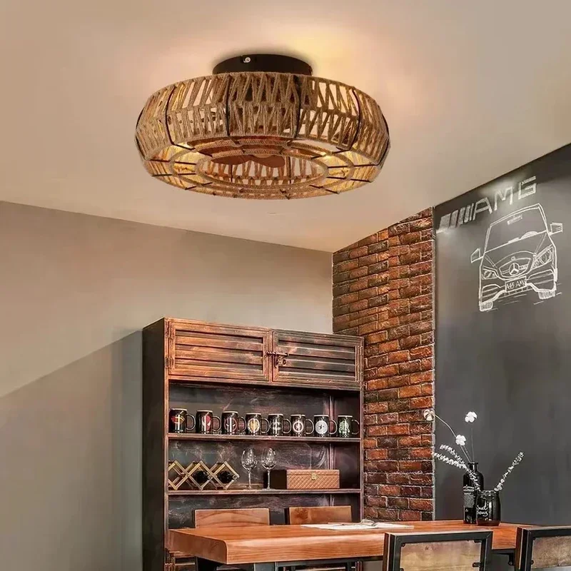 

Wabi-Sabi Bamboo Rattan Bohemian Ceiling Fan with Light Retro Handmade Invisible Fan for Bedroom Living Room Ceiling Fan Lamp