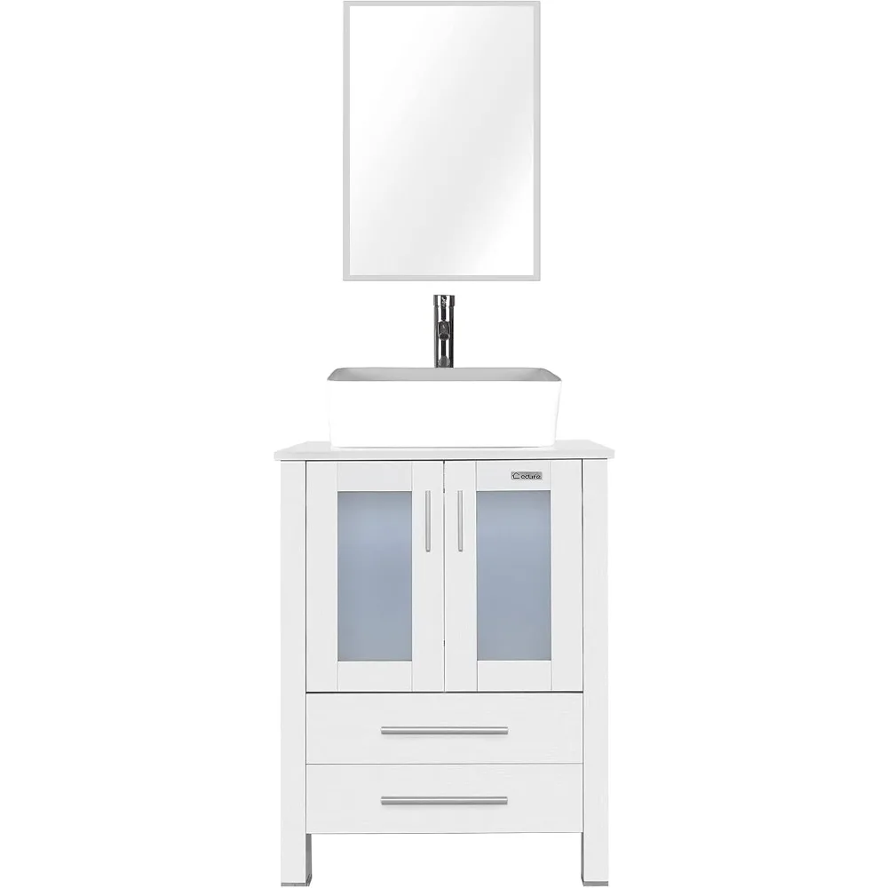 

24" Modern Bathroom Vanity Sink Combo White Stand Cabinet with Blue Boat Glass Vessel Sink & Water Save Faucet & Pop Up Drain