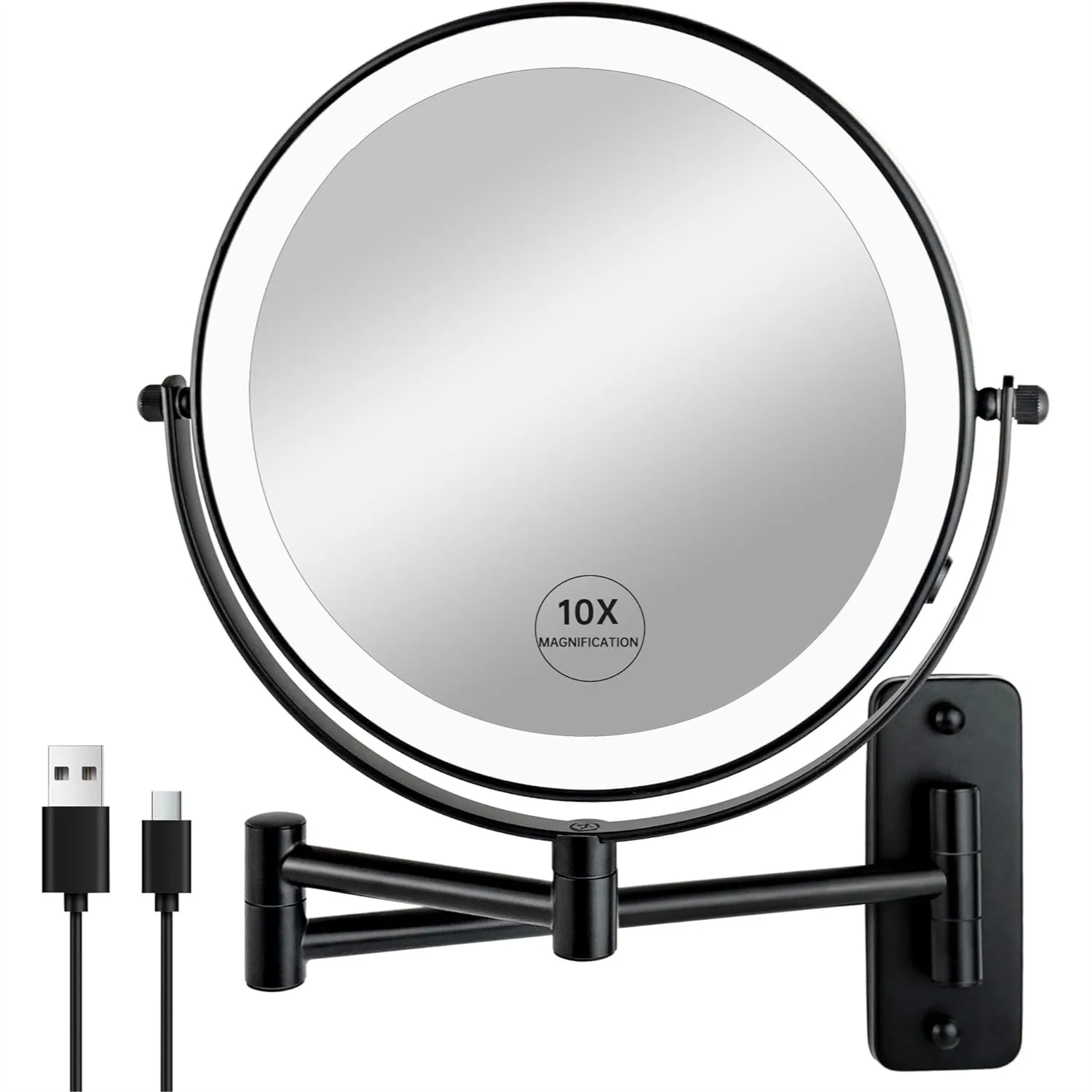 

8 Inch Wall Mounted Lighted Makeup Mirror Rechargeable Double Sided 1X 10X Magnifying Mirror With 3 Color Lights Touch Dimmable Bathroom Vanity Mirror With 360 Degree Swivel Extendable Arm Matte Black