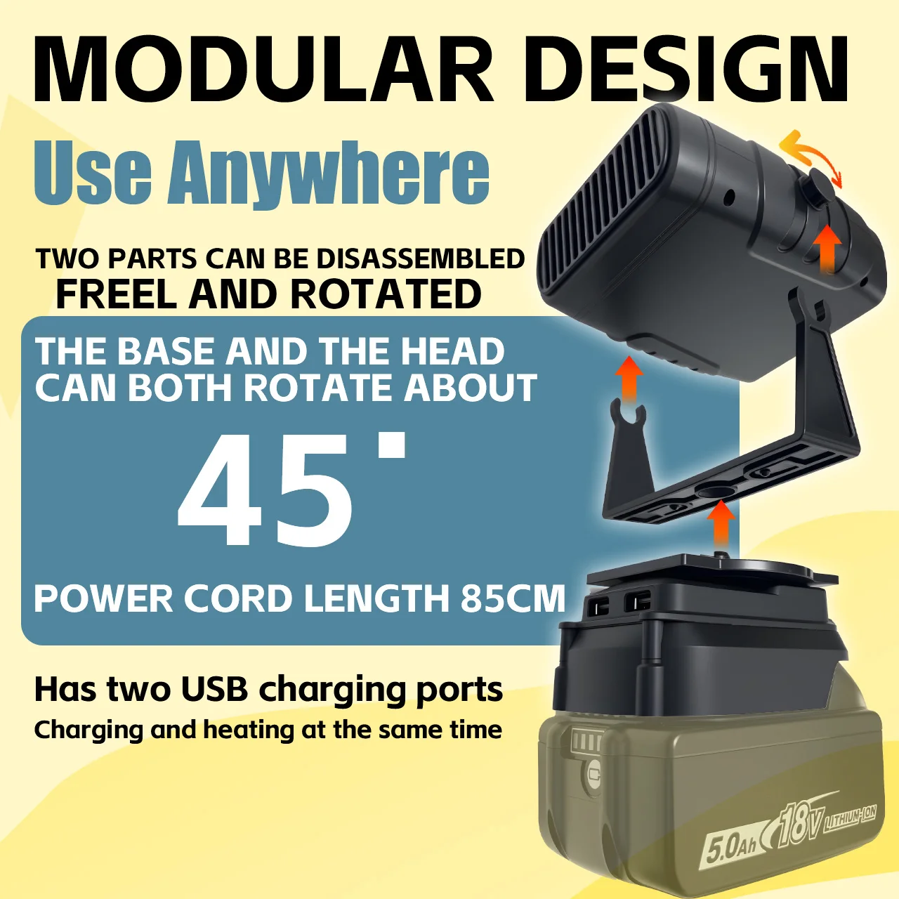 Aquecedor de espaço para local de trabalho, vento quente e frio, modo duplo, portátil, ventilador de ar quente para makita, bateria de lítio 18v, bl1850b, bl1840b, bl1830b