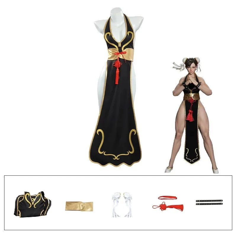 

Jogos Chun Li костюмы для косплея Sutorito Faita черное платье Cheongsam женское сексуальное боди головной убор костюм одежда