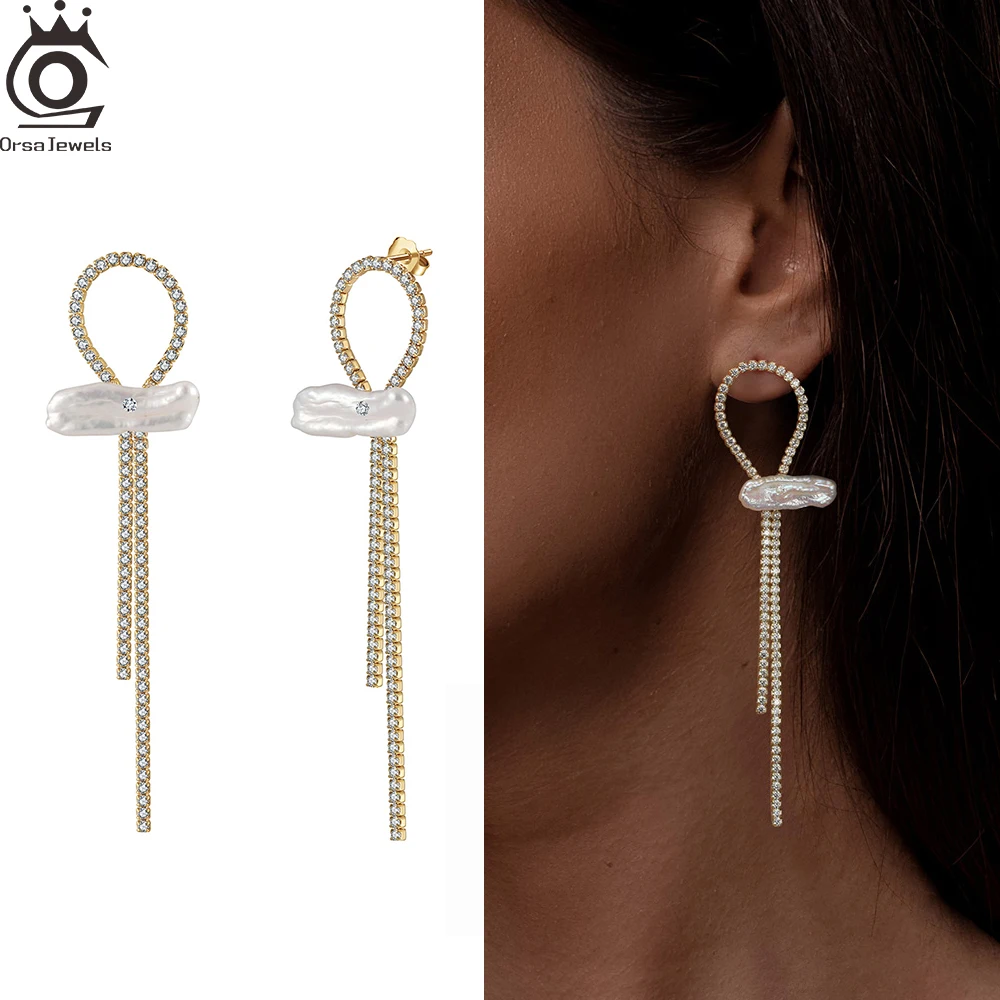 

ORSA JEWELS 925 Long Tassel Pearl Dangle Earrings for Women Full Rhinestone Gold Color Drop Earrings Wedding Party Jewelry Gift