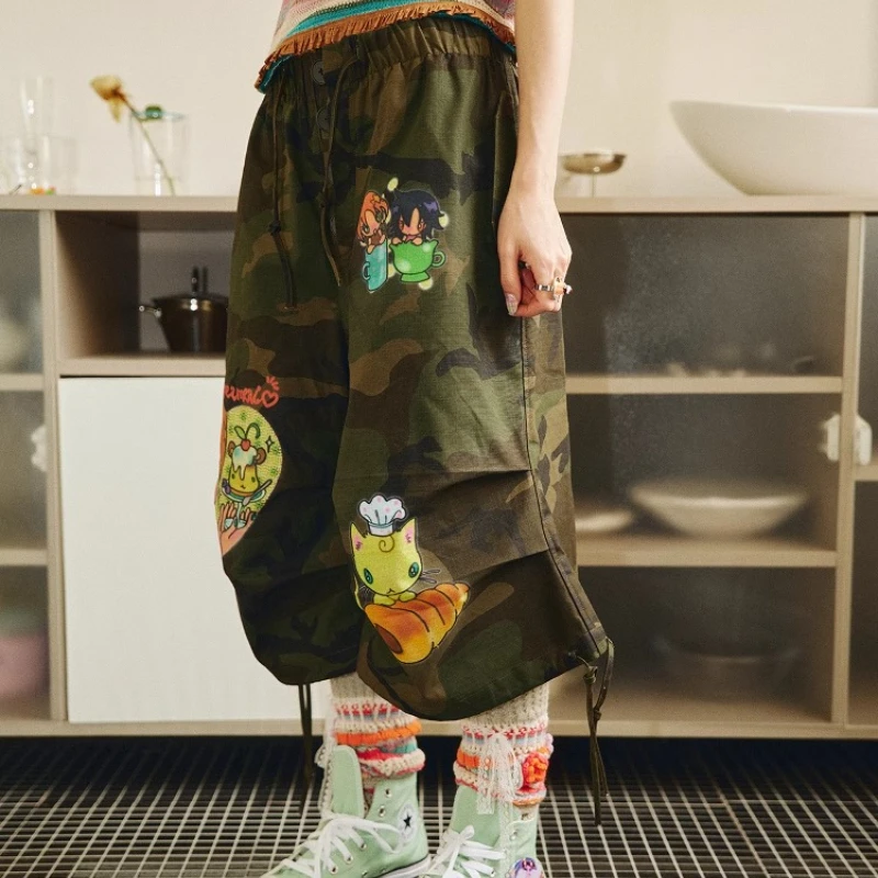 Summer Original Design New Women's Trousers Sweet Cool Cartoon Printing Camouflage Overalls Loose Thin Versatile Capris Ladies