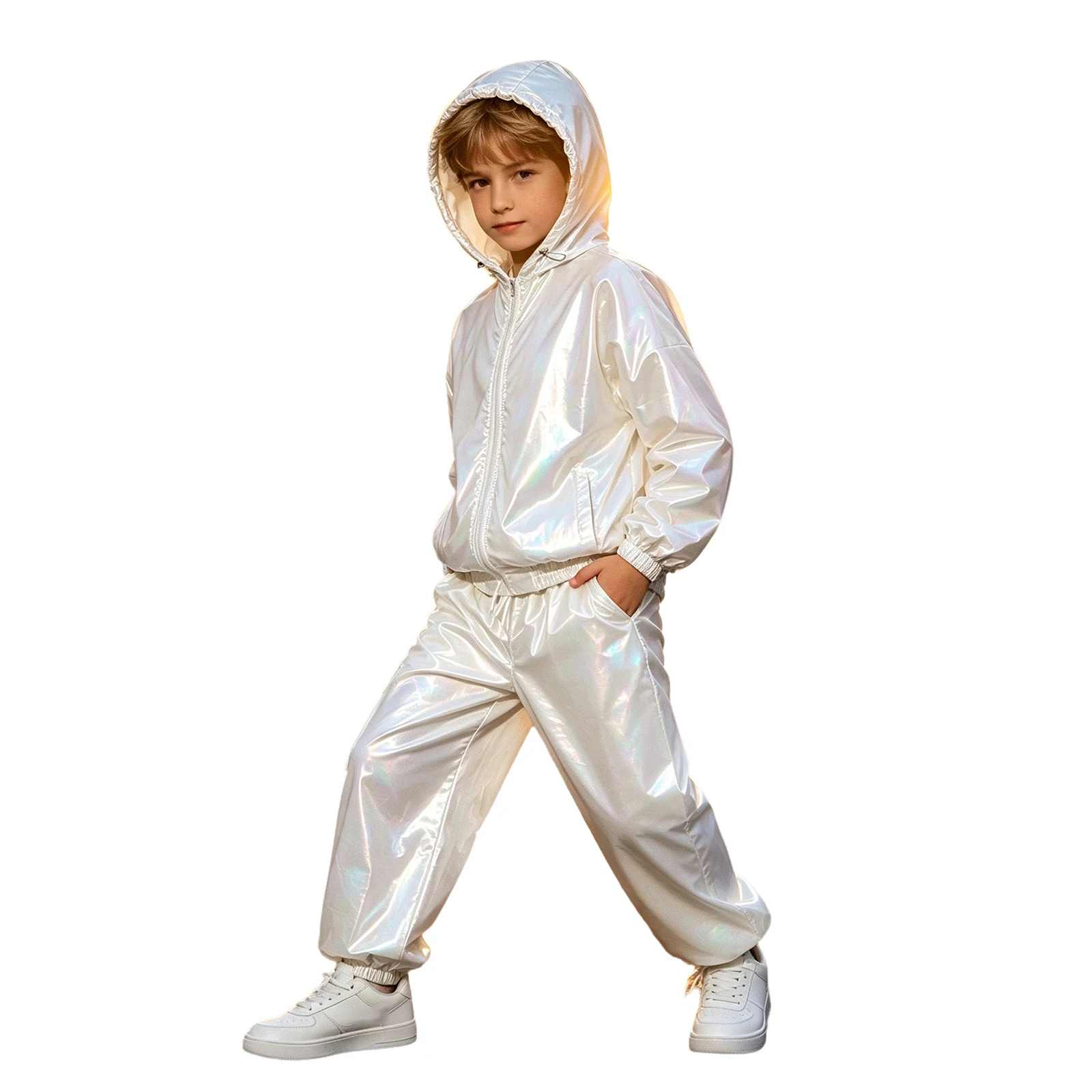 Kids Boys Girls Hip Hop Street Dance Outfit Water Resistant Long Sleeve Drawstring Hooded Jacket Raincoat with Jogger Pants 2Pcs