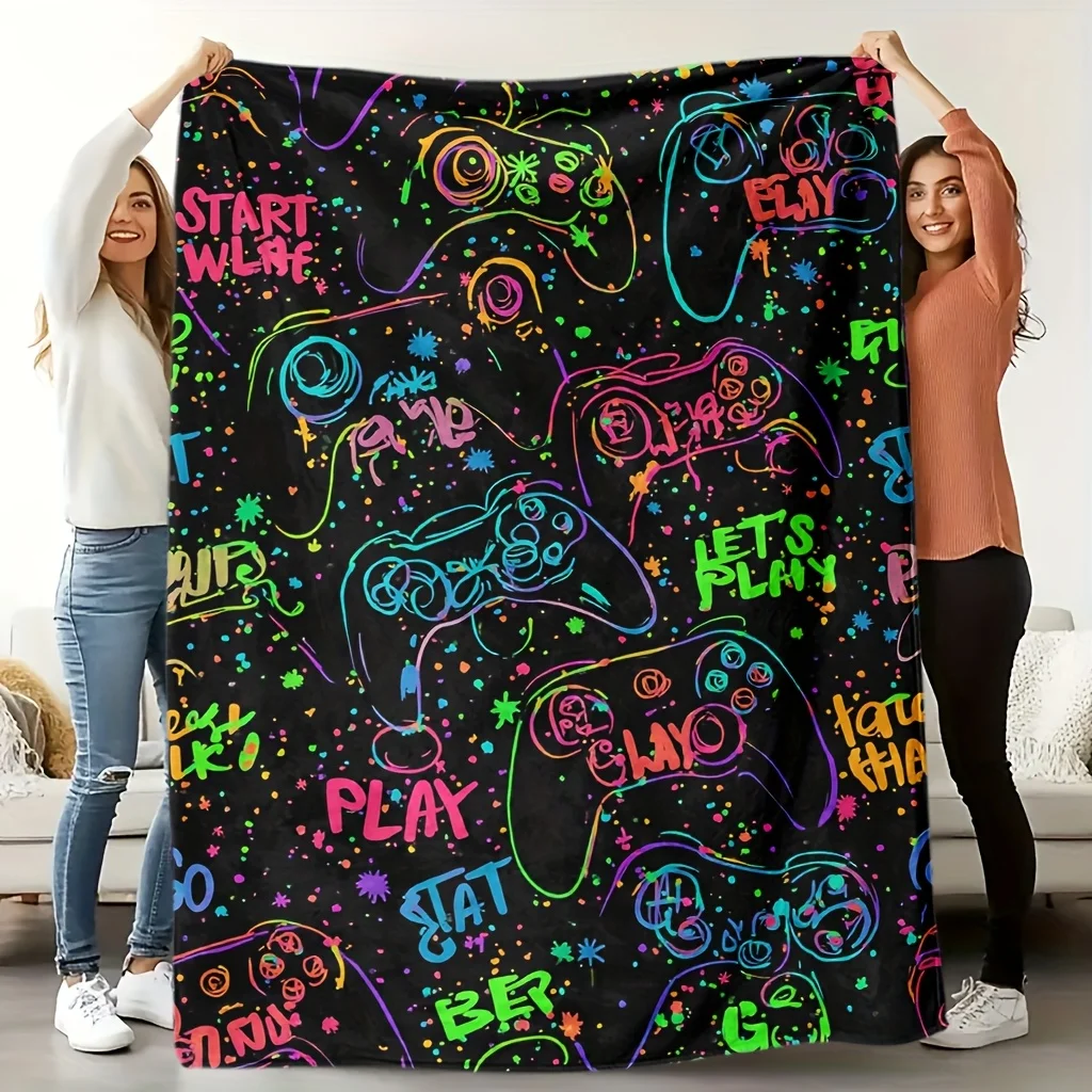 A Cozy Fleece Blanket Featuring a Gaming Controller Design, Soft with High-Definition Digital Printing, Black Background with Co