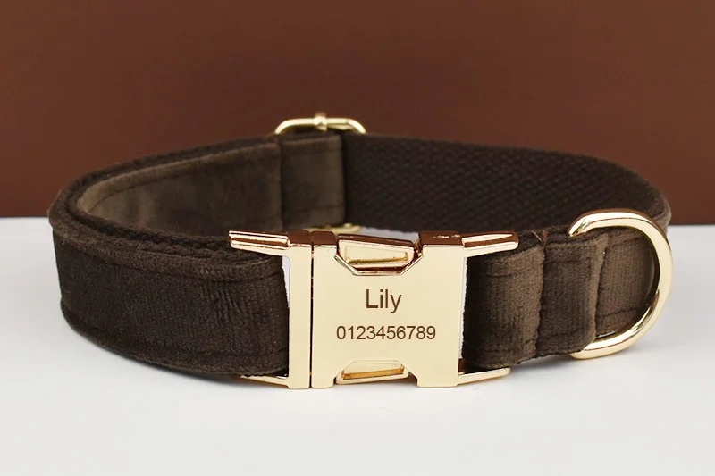 Dunkelbraunes Samt-Hundehalsband und Leinen-Set für Hunde, individuell graviertes Namensschild, Heimtierbedarf, Hundeleine, Samt11 – Detail 3