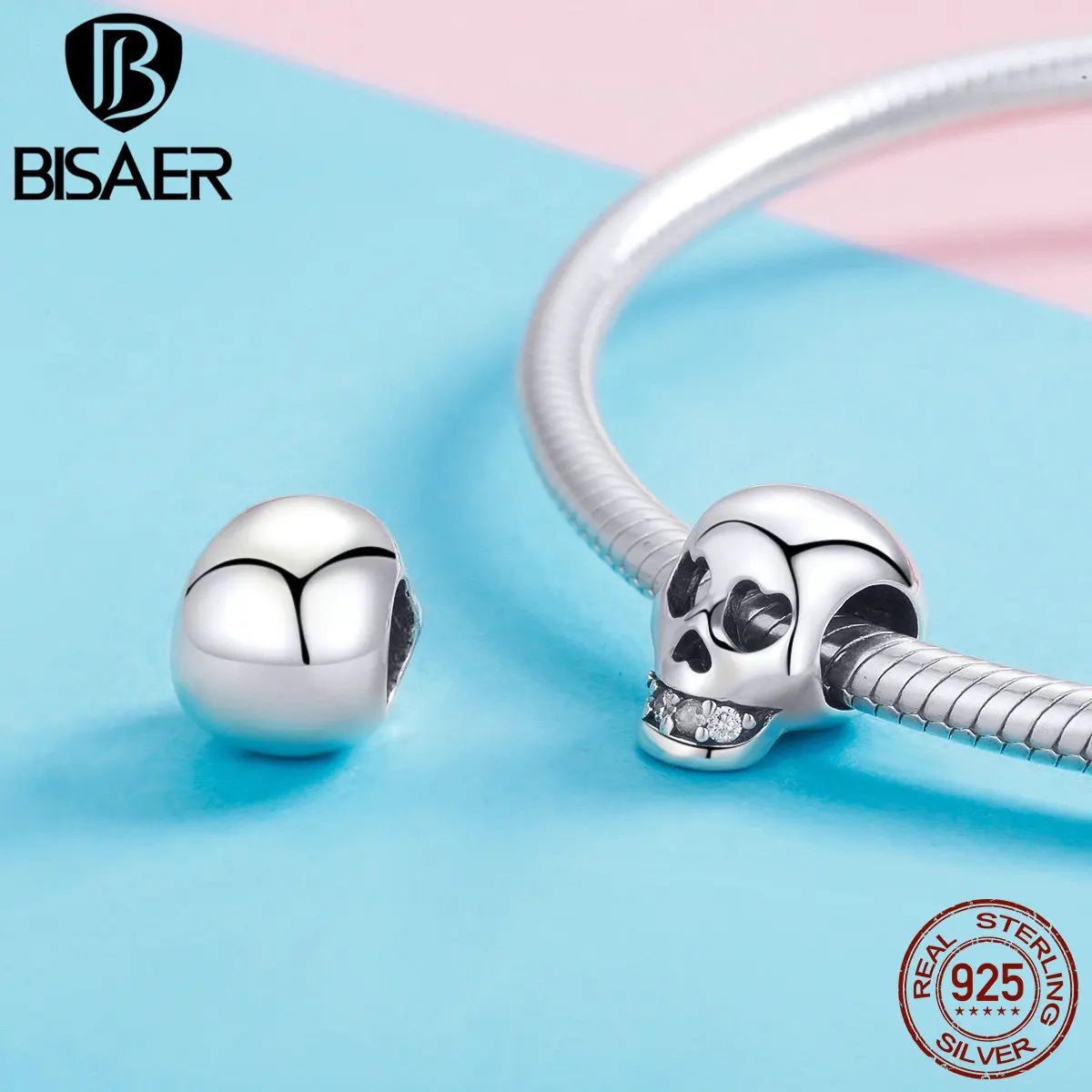 BISAER 925 Sterling Silver Rock Skull Pendant Ghost Face Charm Bead Fit Bracelets & Necklace Halloween Party DIY Fine Jewelry