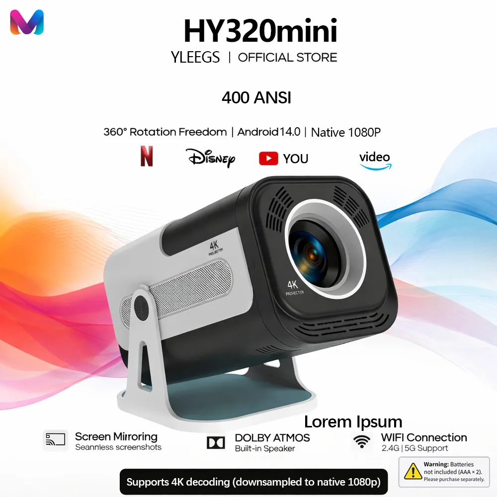 

HY320mini NTV Netflix Officially Licensed Android 13 Projector with 720P/1080P 400ANSI Prime Video YouTube WIFi BT5.2 Portable