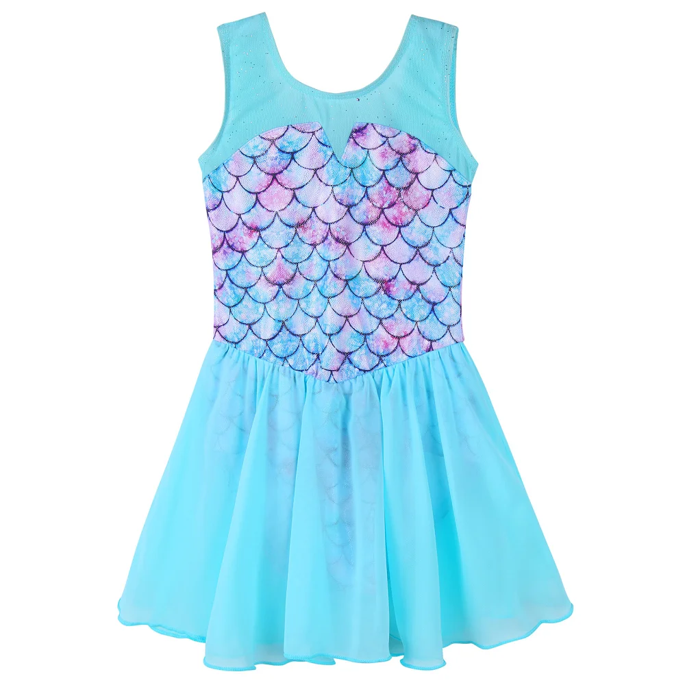 BAOHULU Girls Ballet Dress Sleeveless Dance Skirt Fish Scale Print Ballerina Professional Tulle Performance Outfit Dance Leotard