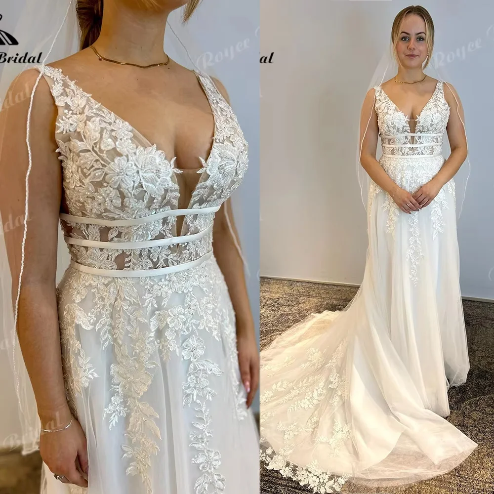 2027 Boho A‑Line Wedding Dress Deep V Neck Sleeveless 3D Floral Lace Appliques Low U Back Tulle Vestido De Novia Customized