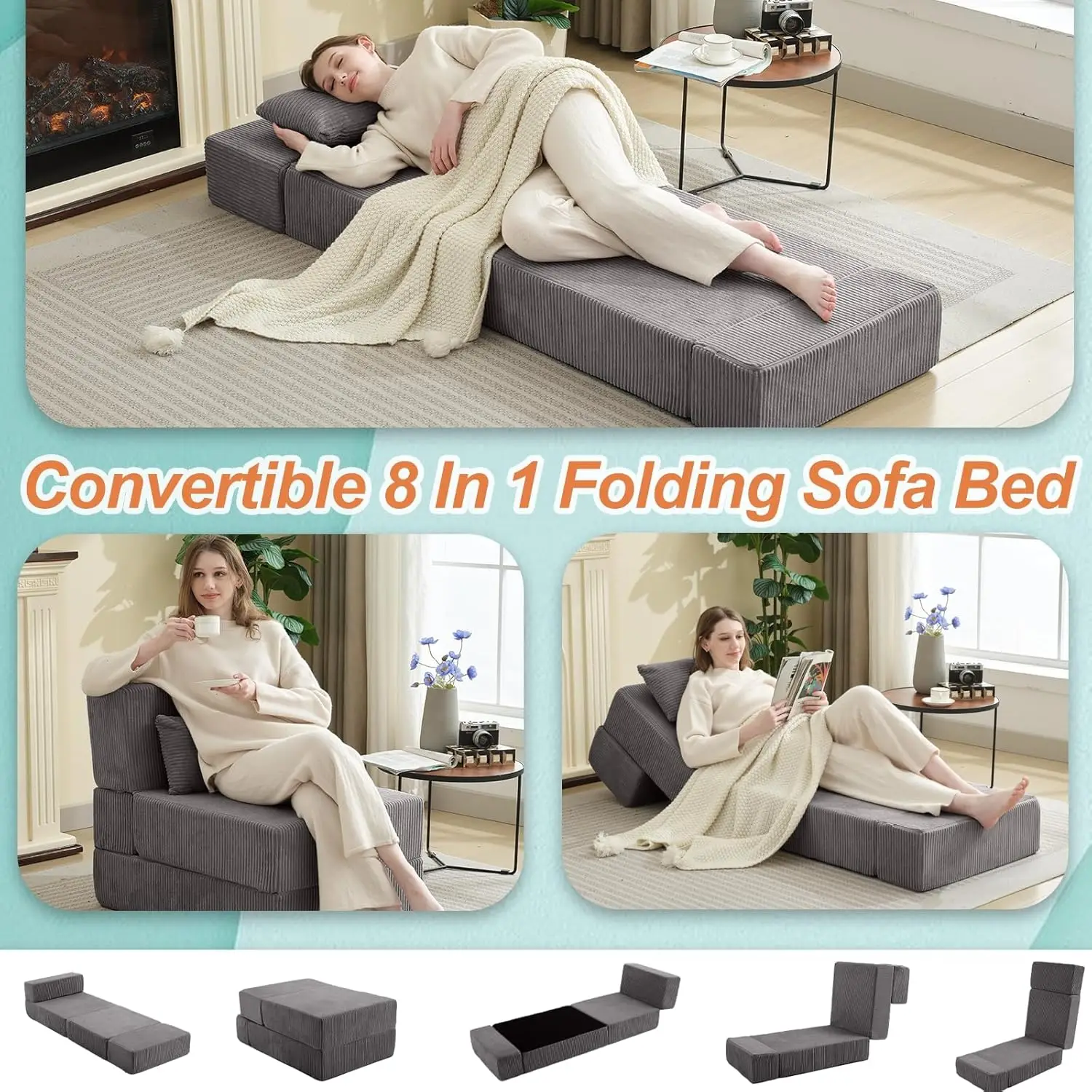 Sofá cama plegable, Convertible, plegable, portátil, con almohada, respaldo ajustable