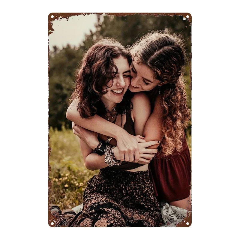 2D Metal Sign Retro Metal Poster Embracing Women Couple Outdoor Portrait Bathroom Man Cave Bedroom Garden Home Office Kitchen