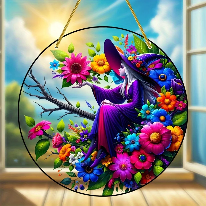 Witch-Themed Acrylic Suncatcher for Window,Colorful Floral&Animal Design,Housewarming Gift,Unique Fantasy Home&Garden Decor