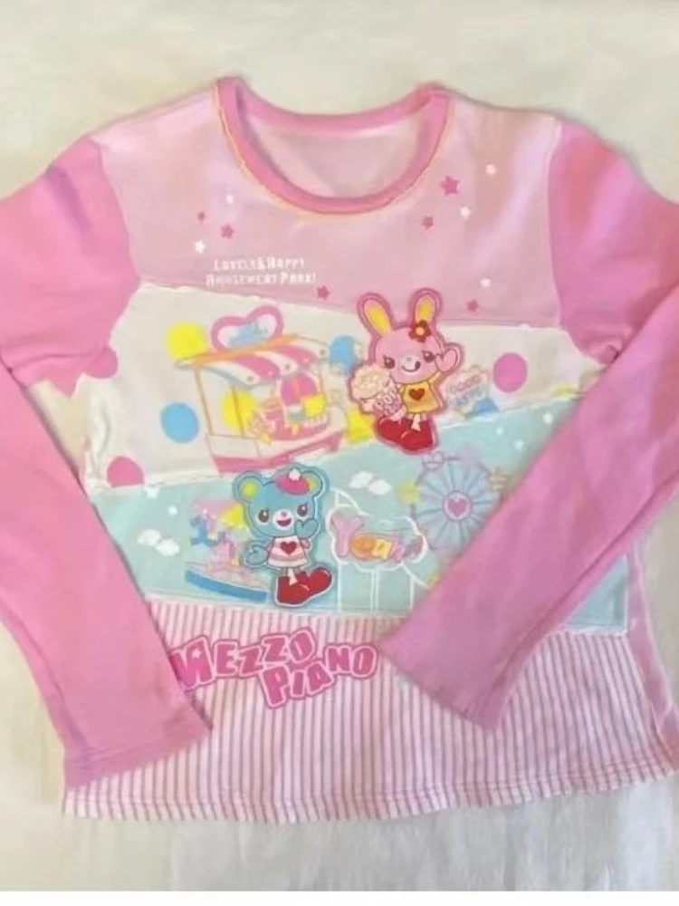 Summer Japanese Kawaii Cartoon Printing Tops Women Harajuku Wave Point Patchwork T-shirt Y2k Aesthetic Fairy Grunge Cute Tee