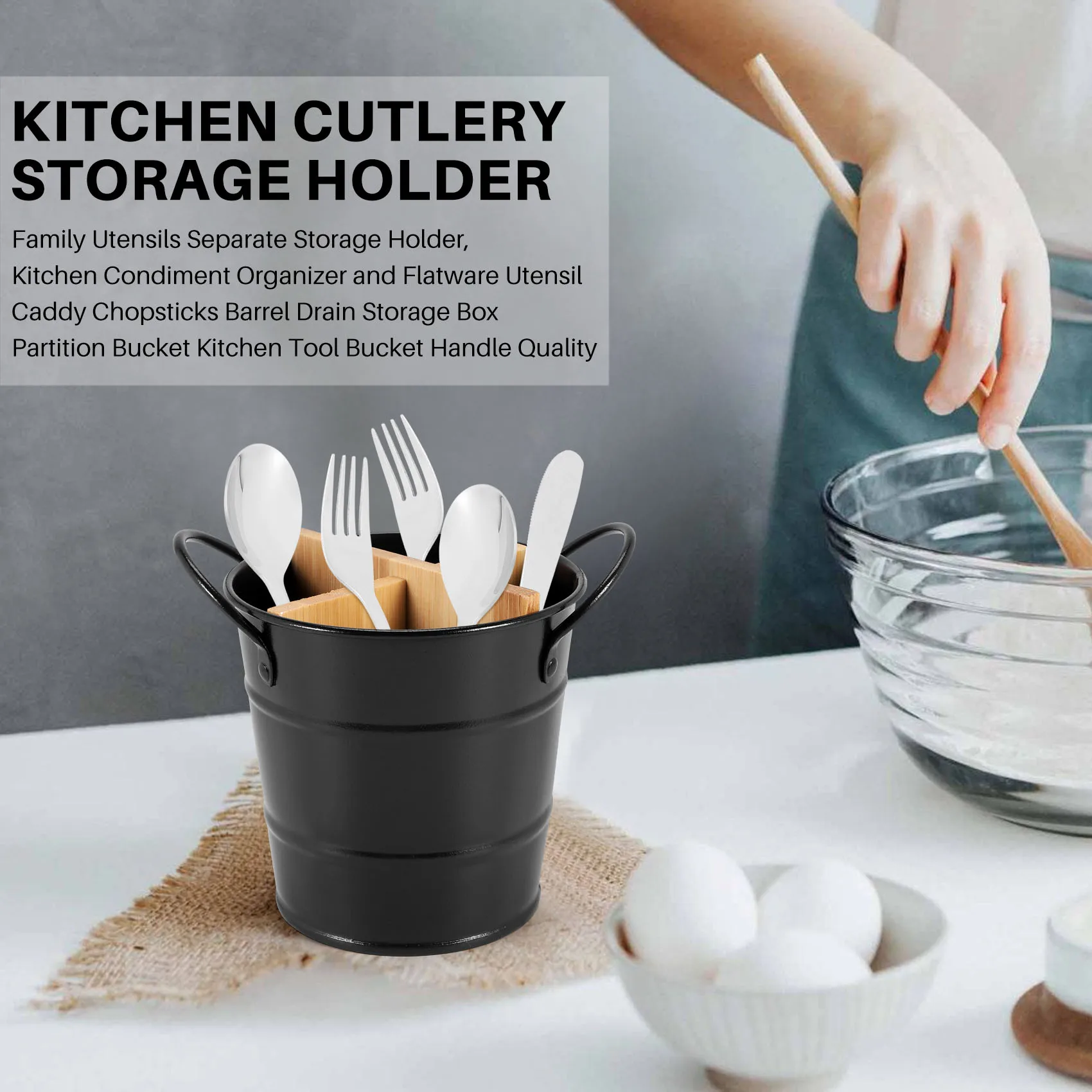AT21-Kitchen Cutlery Organizer Knife Stand Storage Holder Separate Spoon Fork Chopstick Kitchenware Cooking Tool Bucket