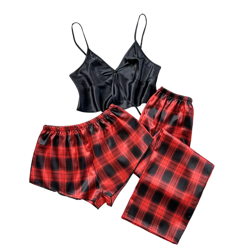 Casual Women'S Home Suit Set With Plaid Suspender Pants Three Piece Set Imitation Silk Pajamas Women'S Comfortable Breathab Suit