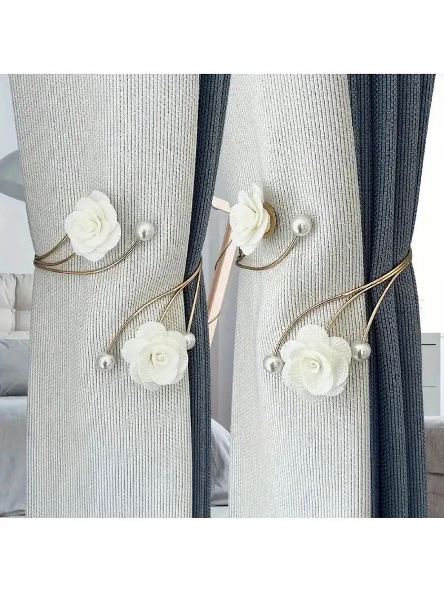 2pcs/1pc Pearl Flower Alloy High-End Curtain Buckle, No-Drill Curtain Tie Backs, Rose Flower Curtain Tie Bands, Metal & view 2