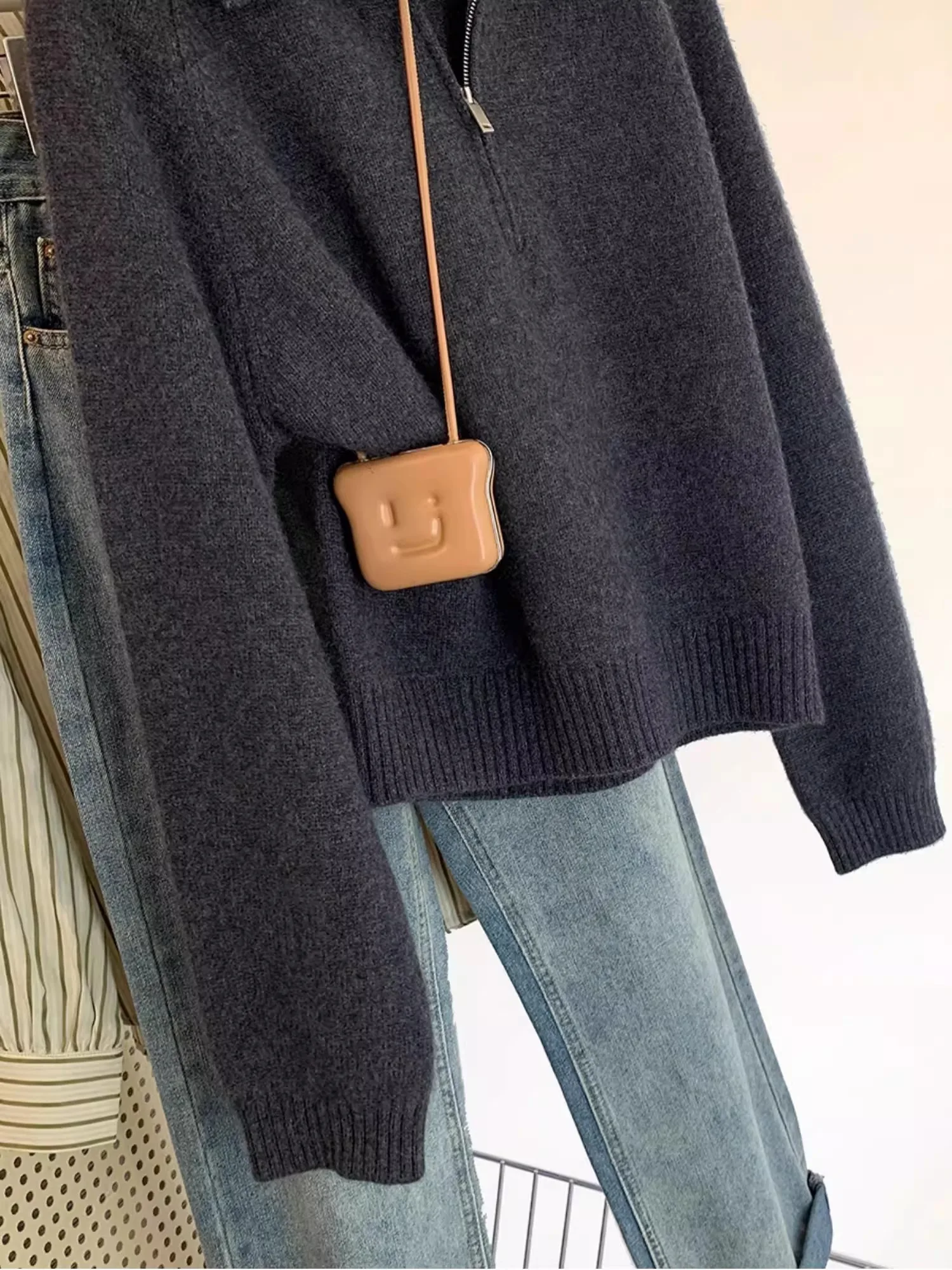 k ey  Collar f Zip Knitted Sweater Women's Autumn Winter New Sle Small Size Flip Collar Knitwear Top