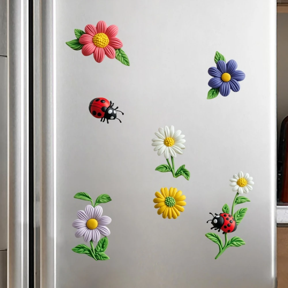 3D Flower Ladybug Refrigerator Magnet Cartoon Kitchen Office Decor Self Adhesive Removable Backing for Fridge Locker Whiteboard view 3