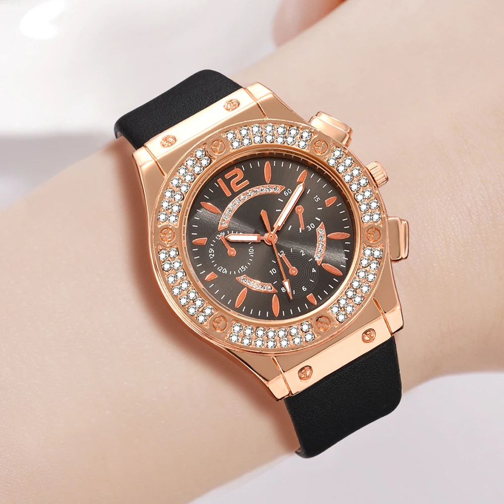 Black Women Watch 6PCS/Set Cute Heart Shaped Quartz Wristwatch Elegant Water Diamond Simulated Watch Jewelry Set Gift For Mom 
