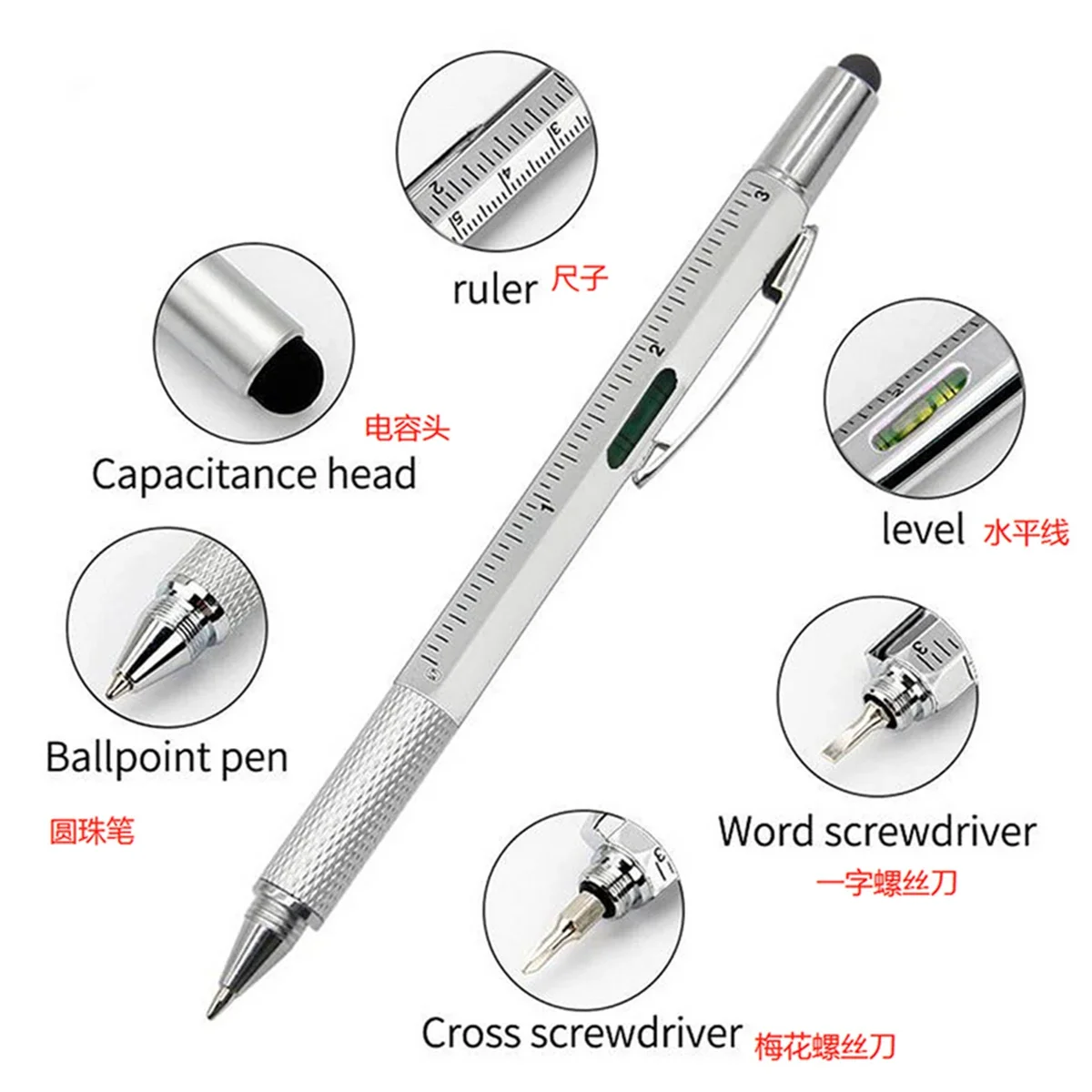 7 in1 Multifunction Ballpoint Pen with Modern Handheld Tool Measure Technical Ruler Screwdriver Touch Screen Stylus Spirit Level
