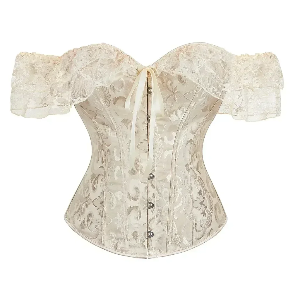 Women Bustier Top Gothic Victorian Overbust Corset Vintage Basques Off Shoulder Lace Short Sleeves Corselet