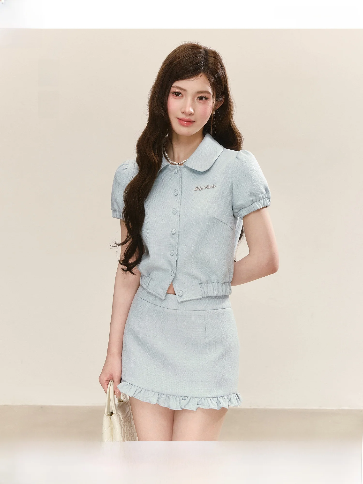 QDQD Sweet Blue Elastic Waist Short Set Summer New Style Doll Collar Versatile Short Skirt Bubble Sleeve Shirt Polyester Fiber