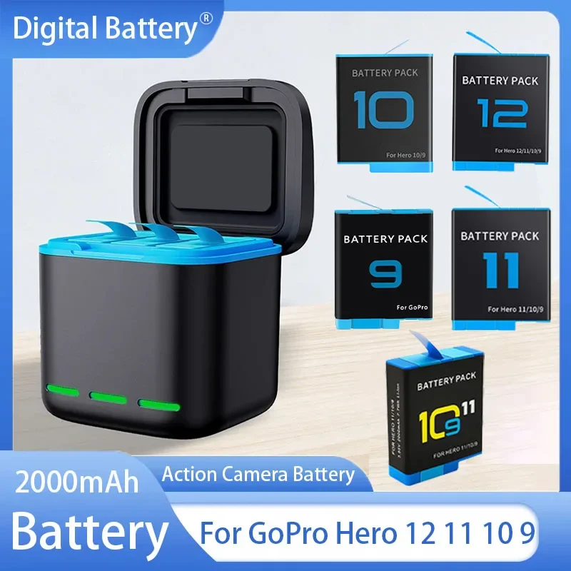 2000mAh Battery for GoPro Hero 12 11 10 9 Motion Camera Rechargeable Li-ion Battery Storage 3 Slot Fast Charger Batteries