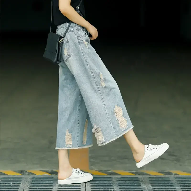 Denim feminino, calças rasgadas e capris, roupas de verão, Baggy Jean, Y2k Streetwear, calças largas, roupas femininas, grunge, novo