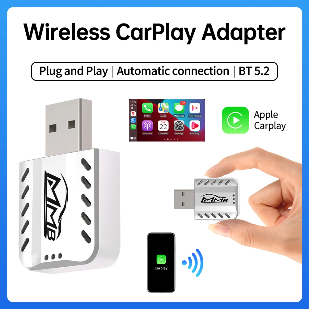 

2025 New MMB Mini Apple Carplay Adapter Wired to Wireless WiFi Bluetooth V5.2 Plug and Play Auto Connection for Mercedes Audi