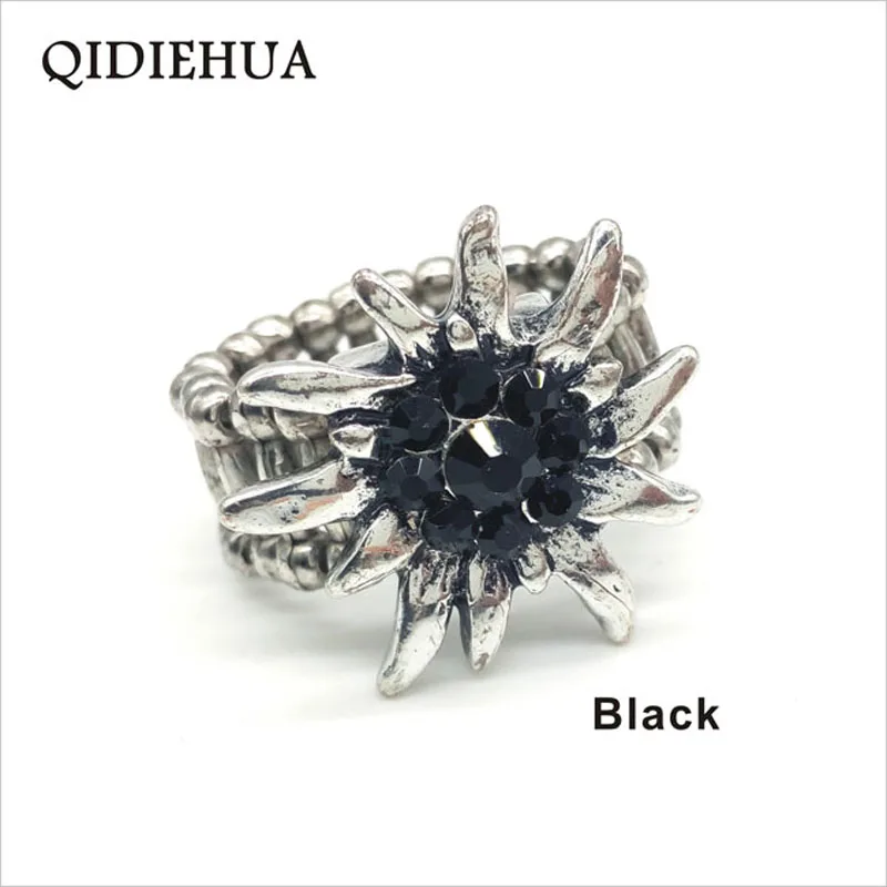 Classic Edelweiss Ring for Women Shiny Rhinestone Finger Elastic Rope Vintage Rings Oktoberfest Party Jewelry Gifts Wholesale