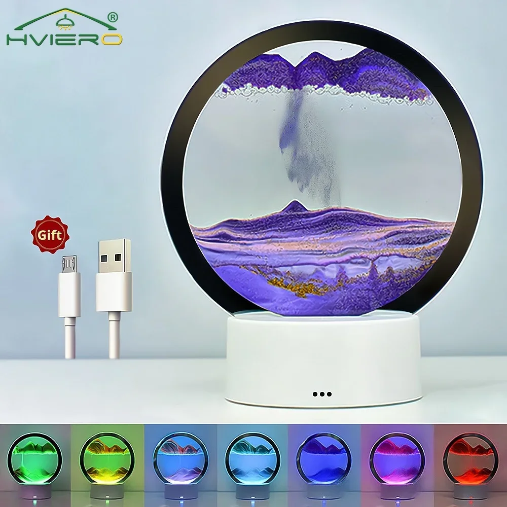 

Quicksand Painting LED Table Lamp Decoration Creative Round Glass Three Dimensional Decompression Bedroom Atmosphere Night Light