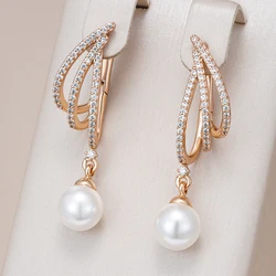Kinel Unique Geometric 585 Rose Gold Pearl Long Drop Earrings for Women Shiny Natural Zircon Accessories Bridal Wedding Jewelry