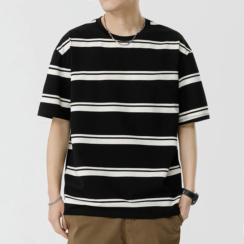 

2025 Summer Teen Short Sleeve Striped T-Shirt Male Casual Loose Boys Half Sleeve T-Shirt