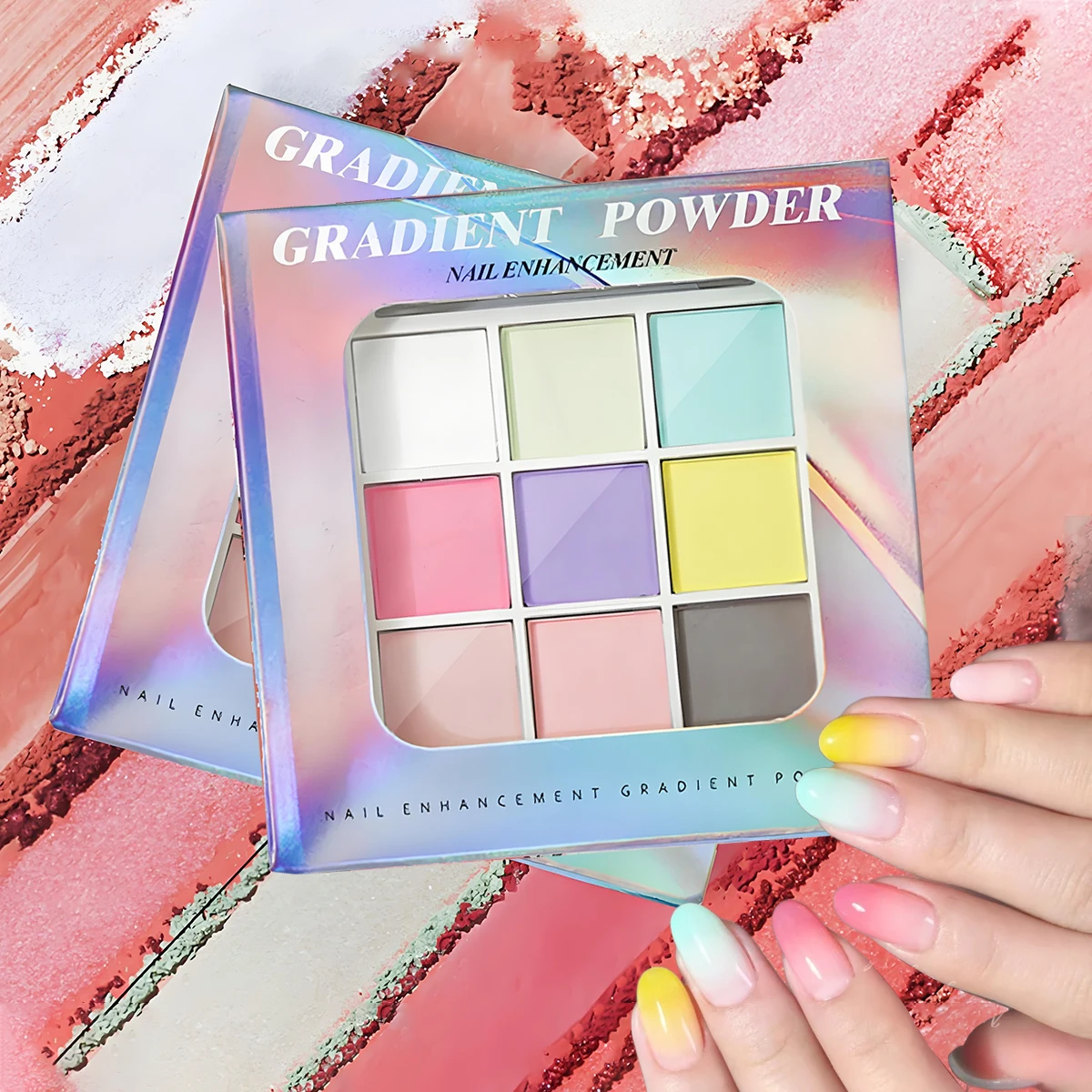 1 pz 9 griglie polvere per unghie solida polvere di perla finitura aurora texture gradiente lucido e inodore con accessorio per smalto regalo fai da te