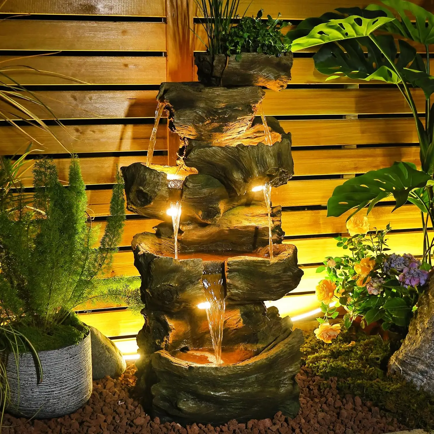 Outdoor 405H 5 Tiers Large Cascading Water Fountain Natural Rock Waterfall Resin Imitation Wood Garden Patio Porch LED Lights