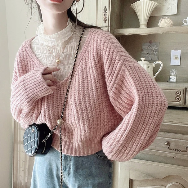 

Свободный повседневный свитер-фонарь Све GL03 Wed Pear Fraance V-Ne Coarse Needle 24, осенне-зимняя женская мода