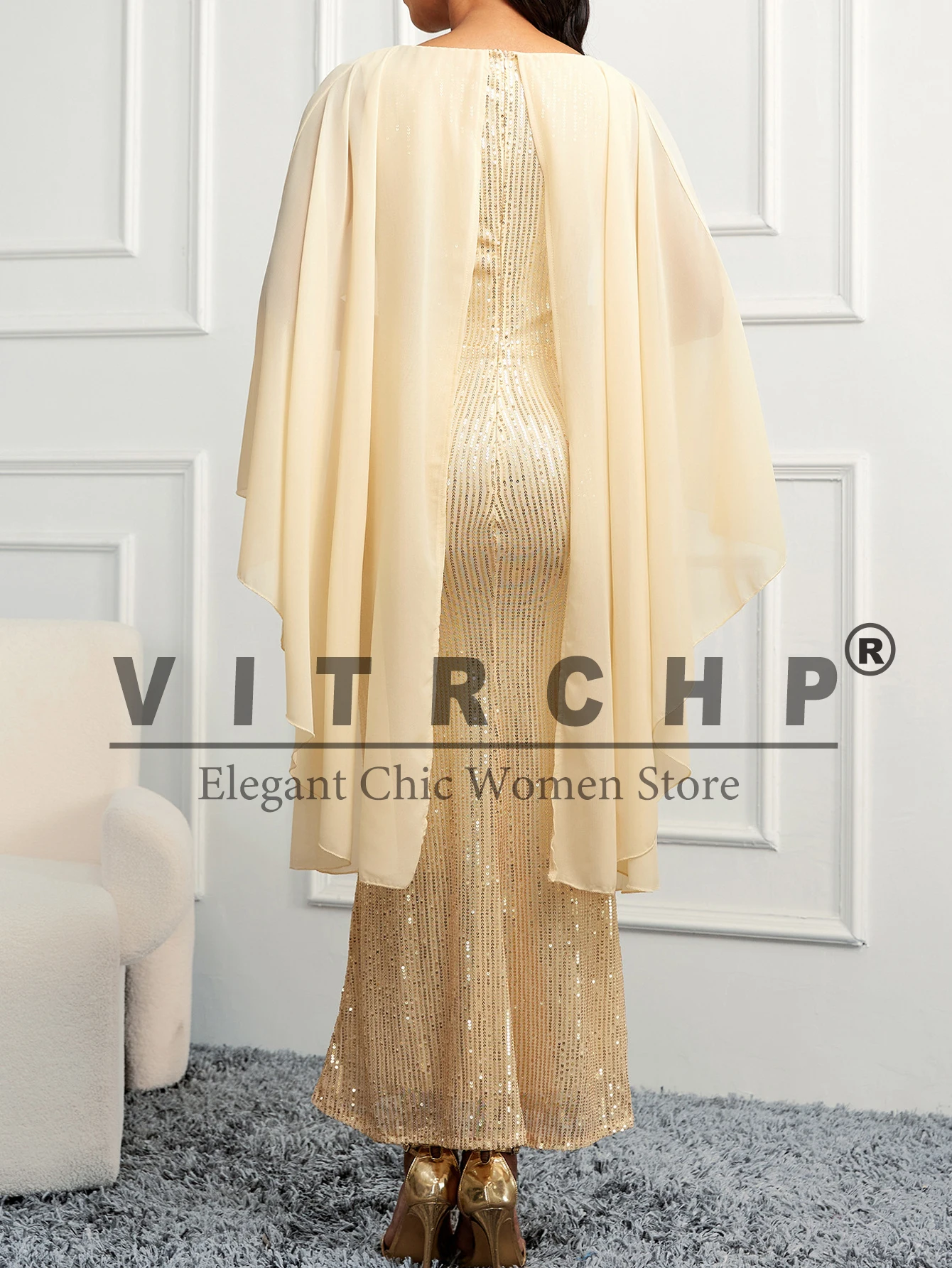 VITRCHP Women\'s Evening Dress Sequined Chiffon Shawl Style Slim Fit Wrap Hip European and American Style Banquet Party Dresses