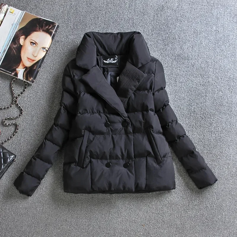 

Women Down Cotton Jacket Winter Short Coat Thicken Outerwear Turndown Collar Double-breasted Warm Tops Female Slim Cotton Jacket