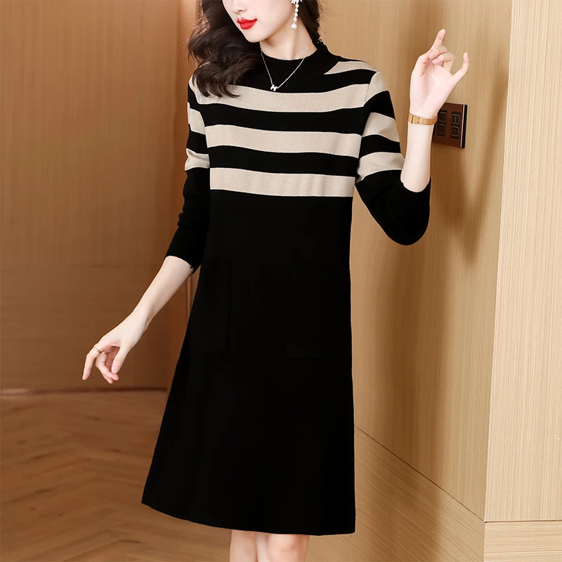 

Elegant Dresses for Women Autumn Winter New Long Sleeve Knitted Dress Vintage Houndstooth Bandage Fashion Sweater Dress