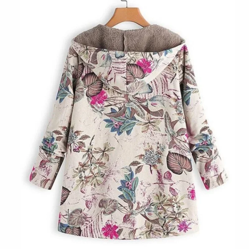 New Women Winter Warm Floral Hooded Jacket Flower Print Hoody Vintage Coats Winter Padded Jacket Women Parkas