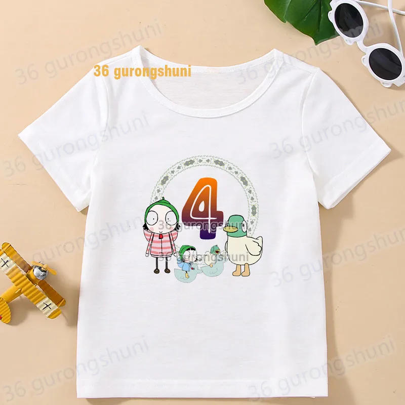女の子と男の子のための漫画のTシャツ,3つの誕生日Tシャツ,子供服,Tシャツ,グラフィックTシャツ Sarah & Duck