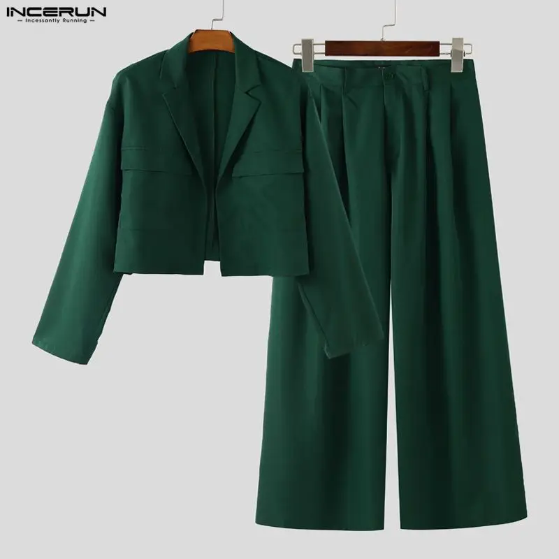 

INCERUN Men Sets Solid Color Lapel Long Sleeve Crop Blazer & Pants Two Pieces Sets Streetwear Loose Fashion Men's Casual Suits